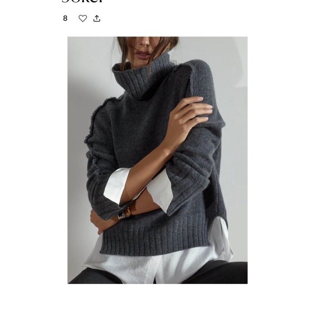 $428 Brochu Walker Jolie Fringe Layered Sweater Gray Wool Cashmere Turtleneck L - Picture 2 of 8